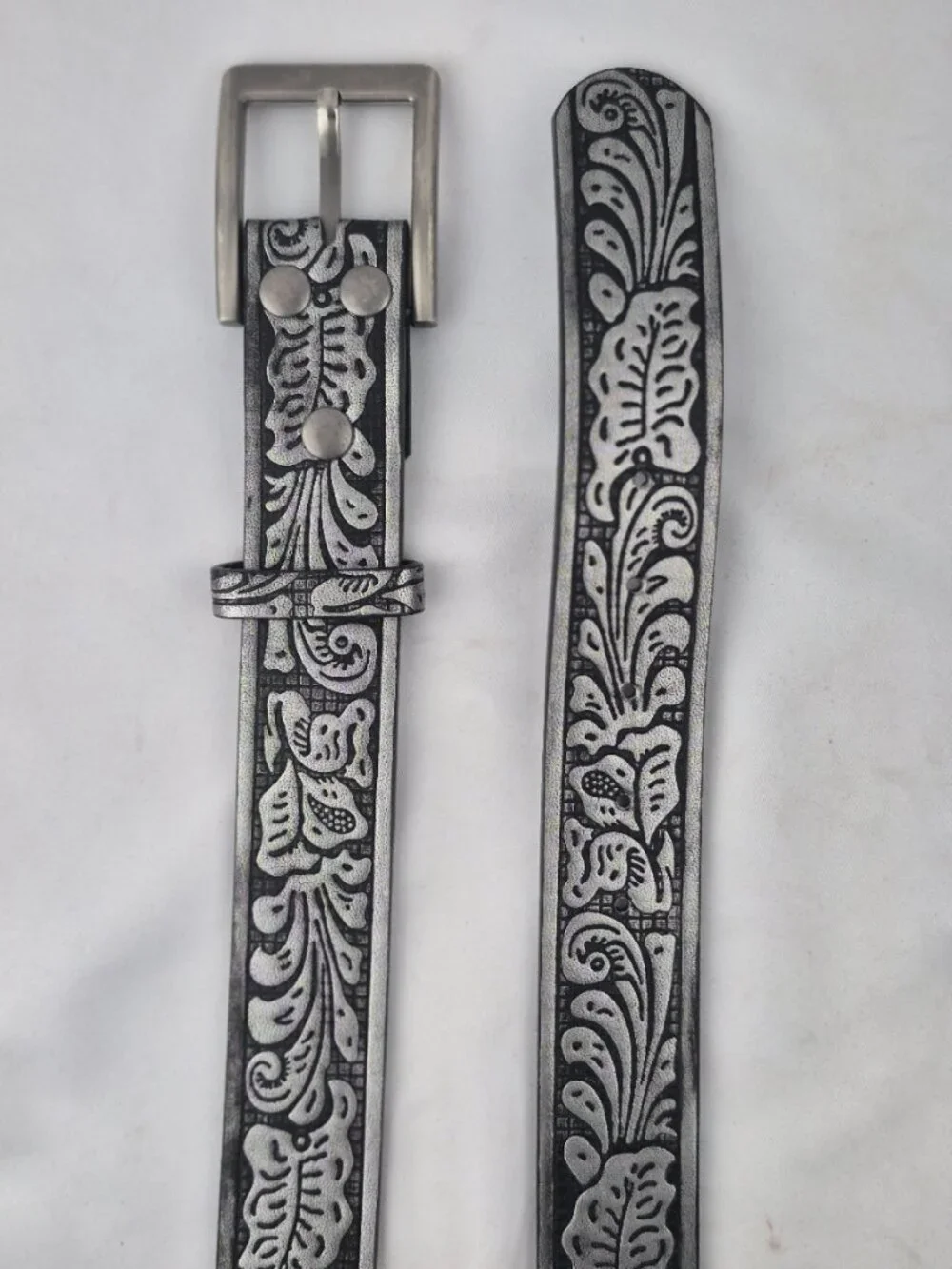 Silver-Tone Floral Embossed Black Leather Belt Western Cowboy Size XL